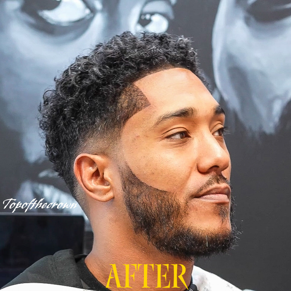 After barber styling result with defined textured curls